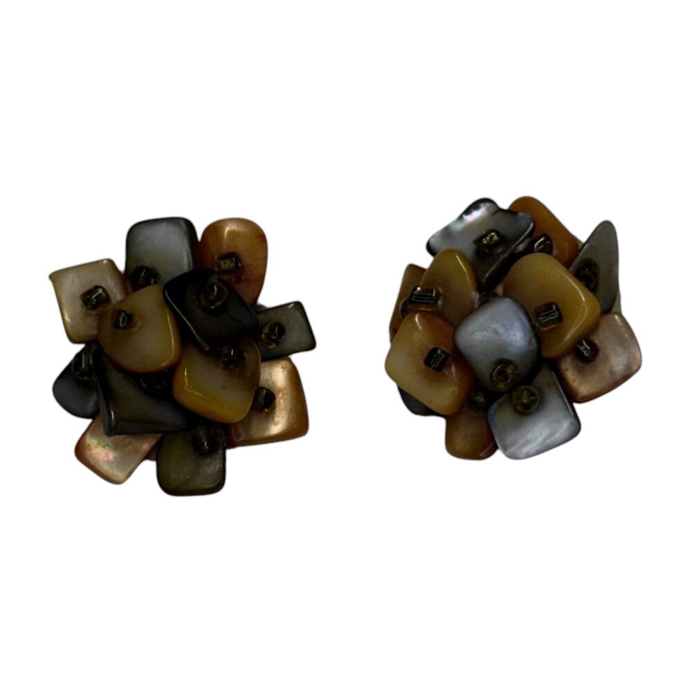 Vintage Japan Mother of Pearl Cluster Clip On Earrings Shell Tile